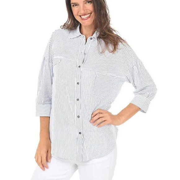 Wild Palms Button Oversize Slub-Knit Shirt Top Size S NWOT Blue Striped 3/4-Slv - Picture 10 of 10